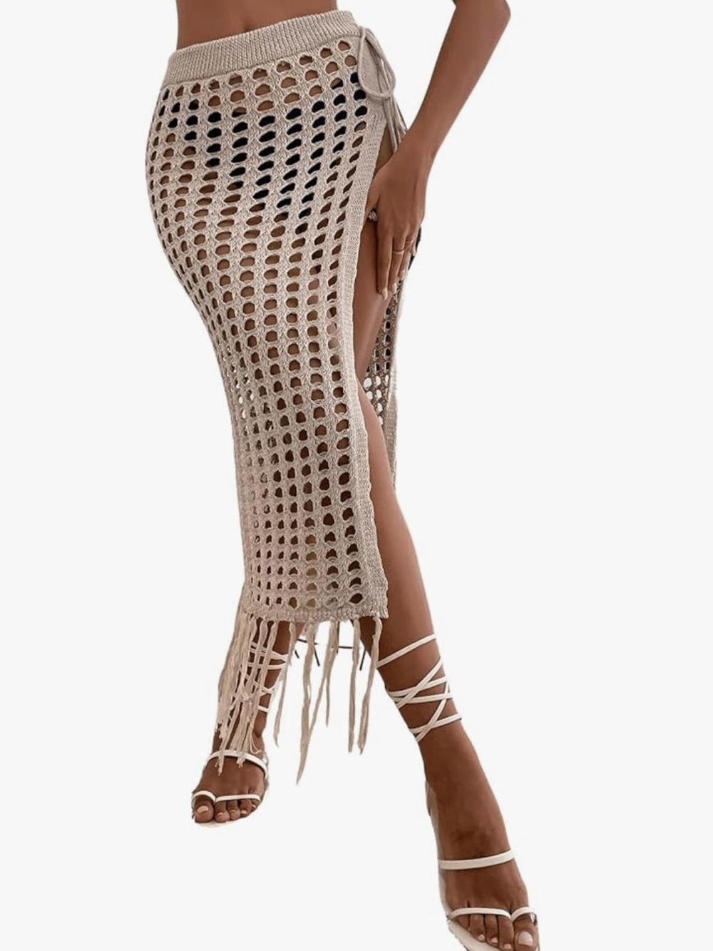 Beige Crochet Fringe cover up Split Beach Cover-Up Skirt small